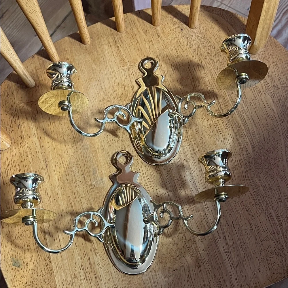 Vintage Brass Double Candle Holder Wall Sconce Set of 2 Hollywood Regency